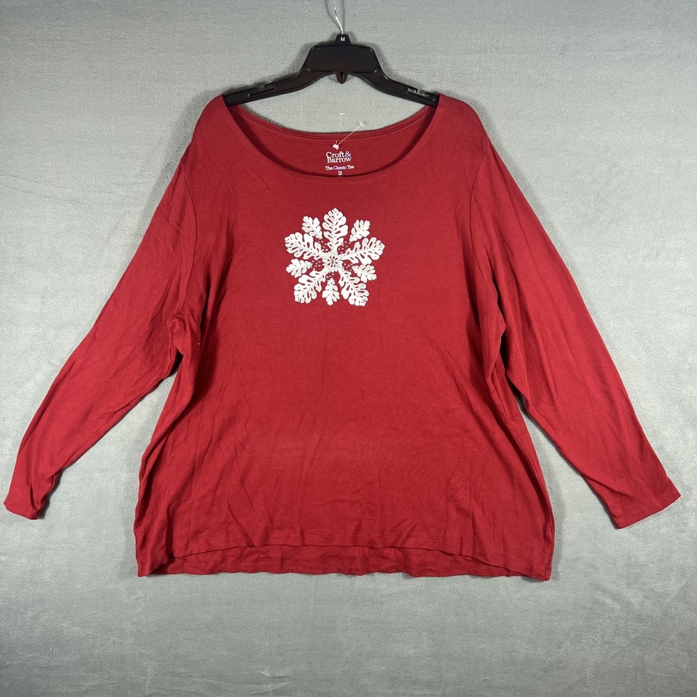 Croft & Barrow Women's 2X Red‎ Classic Tee Snowflake Glitter Rhinestone Long